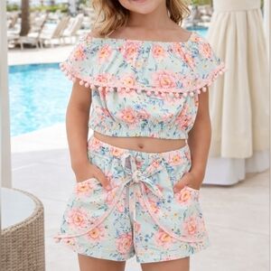Mia Belle Girls Floral Off Shoulder Set Size 7 Boho Summer Vacation Outfit